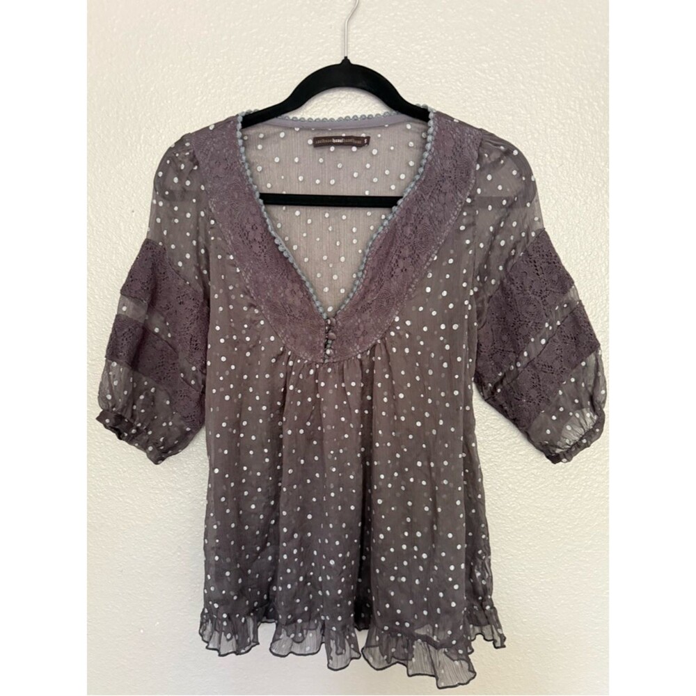Hazel Polka Dot Sheer Chiffon Blouse Gray Crochet Lace Ruffle Trim Small